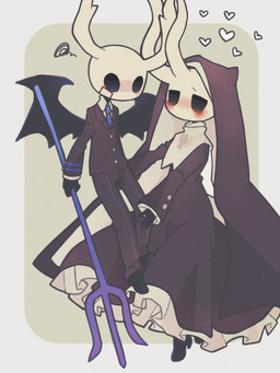 ambiguous_gender bandage_on_cheek biped black_body black_clothing black_eyes blue_necktie blush button_(fastener) clothing duo footwear frilly frilly_clothing heart_symbol high_heels holding_object holding_weapon horn melee_weapon membrane_(anatomy) membranous_wings necktie nun_outfit polearm scythe shoes suit trident weapon wings chacodoodle hollow_knight_(franchise) team_cherry broken_vessel_(hollow_knight) the_knight_(hollow_knight) arthropod vessel_(species) 3:4 hi_res