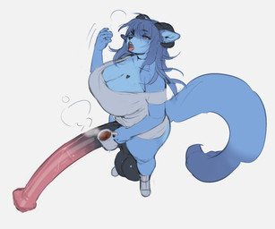 animal_genitalia animal_penis anthro balls big_balls big_breasts big_penis black_balls blue_body blue_breasts blue_fur blue_hair bottomless breasts cleavage clothed clothing container cup equine_genitalia equine_penis erection fur genitals gynomorph hair holding_container holding_cup holding_mug holding_object horn huge_balls huge_breasts huge_penis hyper hyper_balls hyper_genitalia hyper_long_penis hyper_penis intersex long_penis morning_wood mug penis simple_background solo standing tail very_long_penis white_background runewoof nicole_(foxnick12) canid canine mammal hi_res tagme