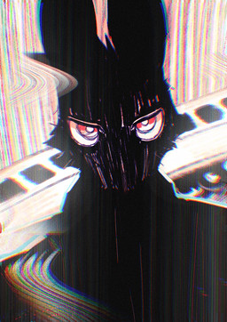abstract_background anthro biped black_body black_clothing black_fur clothing fur glitch looking_at_viewer male red_eyes solo train vehicle hemuchang abu-se-ken canid canine canis mammal wolf 2022 hi_res