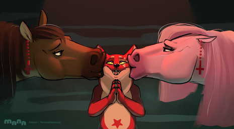 ambiguous_gender anthro anthro_on_feral bestiality cross cross_ear_piercing cross_piercing ear_piercing eye_roll feral fur fur_markings group inverted_cross kissing kissing_cheek lips markings neck_tuft piercing quadruped size_difference trio tuft manahallowhound mox_(manahallowhound) canid canine equid equine fox horse mammal hi_res