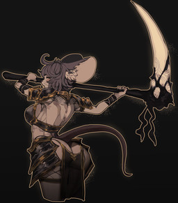 anthro armor big_breasts big_butt bottomwear breasts butt clothing female hairless_tail holding_melee_weapon holding_object holding_polearm holding_scythe holding_weapon legwear loincloth looking_back melee_weapon pauldron polearm rat_tail scythe solo tail thigh_highs unconvincing_armor weapon tomatolover16 maus_(tomatolover16) mammal mouse murid murine rodent hi_res