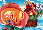 anthro bathing bent_over big_breasts big_butt breasts butt cliff duo extreme_size_difference fangs female female_anthro fur genitals hair huge_butt huge_hips larger_female long_tail macro macro_anthro macro_female male male_anthro mountain nipples nude plant rear_view red_hair seductive size_difference sky smaller_male tail teeth thick_thighs tree vulva waterfall wide_hips sikukaze mythology chelsinge_(sikukaze) siku_(sikukaze) canid canine canis dragon furred_dragon furred_scalie hybrid mammal mythological_creature mythological_scalie scalie wolf 2024 absurd_res digital_media_(artwork) hi_res