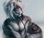 anthro breasts collar featureless_breasts female fur grey_body grey_fur hair leash no_sclera offering_leash purple_eyes simple_background solo whiskers white_hair safiru katja_(tigertau) felid mammal pantherine snow_leopard 2018 digital_media_(artwork)