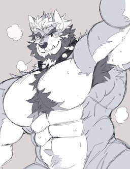 anthro armpit_hair barazoku beard big_muscles big_pecs black_hair blue_body blue_fur bodily_fluids body_hair breath chest_tuft collar eyebrow_slit eyebrows facial_hair fur hair looking_at_viewer male multicolored_body multicolored_fur muscular muscular_anthro muscular_arms muscular_male obliques panting pecs raised_arm simple_background solo spiked_collar spikes sweat tuft two_tone_body two_tone_fur white_hair juggermelon zeke_(pkvibyn) canid canine canis mammal wolf 2023 absurd_res hi_res