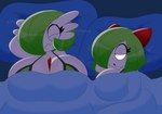 anthro bed bedding big_breasts blanket bra breasts cleavage clothed clothing curvy_figure duo eyelashes eyes_closed female furniture green_bra green_clothing green_hair green_underwear hair hair_over_eye half-closed_eyes huge_breasts lying motion_lines narrowed_eyes on_side pillow red_eyes short_hair thick_thighs topwear under_covers underwear voluptuous voluptuous_female voluptuous_humanoid white_body white_skin wide_hipped_female wide_hipped_humanoid wide_hips 3barts nintendo pokemon mary_(3barts) vanessa_(3barts) gardevoir generation_3_pokemon humanoid kirlia pokemon_(species) 2025 absurd_res hi_res