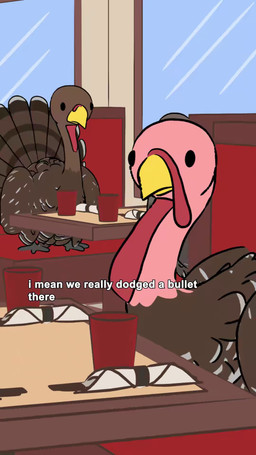 aroused aroused_male autumn autumn_leaves beak blue_body brown_body casual_nudity chair cutlery dewlap_(anatomy) diner falling_leaves feathers female furniture grey_body holidays humor kerchief kitchen_utensils leaf male napkin pink_body restaurant table tail tail_feathers text tools window natural_habitok natural_habitat_shorts thanksgiving george_(natural_habitok) avian bird galliform phasianid turkey 2025 9:16 animated english_audio english_description english_text hi_res long_playtime portrait sound subtitled voice_acted