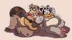 16:9 andythetanuki andythetanuki_(character) anthro canid canine duo franook franpaccio fur gazpacho guitar hi_res male male/male mammal musical_instrument overweight pawpads paws plucked_string_instrument raccoon_dog slightly_chubby smile string_instrument tanuki widescreen