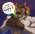 5_fingers abs anthro big_pecs black_claws brown_body brown_fur cheek_tuft claws clothed clothing dialogue eyebrows facial_tuft fingers fur interlocked_fingers lgbt_pride male muscular muscular_anthro muscular_male open_clothing open_shirt open_topwear pecs pride_colors purple_background rainbow_pride_colors raised_eyebrows shirt simple_background solo stated_homosexuality stated_sexuality text topwear tuft white_clothing white_shirt white_topwear yellow_eyes aurzz dreamworks the_bad_guys mr._wolf_(the_bad_guys) canid canine canis mammal wolf 2024 absurd_res english_text hi_res meme reaction_image