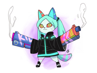 anthro blue_body blue_skin clothing cybernetics dual_wielding female front_view fusion green_eyes green_hair gun hair holding_gun holding_object holding_ranged_weapon holding_weapon jacket looking_at_viewer machine oversized_clothing ranged_weapon red_sclera simple_background smile solo tail topwear weapon white_background seb_mujinn capcom cyberpunk_edgerunners monster_hunter monster_hunter_stories_2:_wings_of_ruin rebecca_(cyberpunk_edgerunners) tsukino_(monster_hunter_stories) cyborg felid felyne hybrid lynian mammal palico 2022 4:3 absurd_res digital_drawing_(artwork) digital_media_(artwork) hi_res