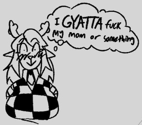 2_horns anthro big_breasts biped blush blush_lines breasts clothed clothing female hair horn long_hair solo text thought_bubble gladyapper deltarune gyatt_(meme) undertale_(series) noelle_holiday 2026 black_and_grey digital_drawing_(artwork) digital_media_(artwork) english_text monochrome sketch daughter_(lore) incestuous_temptation_(lore)