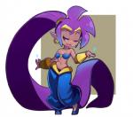 blue_eyes bra breasts clothing dark_body dark_skin ear_piercing female hair humanoid_pointy_ears long_hair midriff navel not_furry piercing ponytail purple_hair solo underwear sho-n-d shantae_(series) wayforward shantae genie humanoid 2013