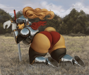 angry anthro armor big_butt black_nose bottomless brown_eyes bubble_butt butt butt_pose camel_toe clothed clothing female field gloves grimace handwear headgear helmet holding_object holding_weapon huge_butt knight legwear looking_back melee_weapon outside panties pose rear_view red_clothing red_panties red_underwear skindentation solo squish sword thick_thighs thigh_highs thigh_squish underwear warrior weapon patacon amelia_steelheart bird_dog canid canine canis domestic_dog golden_retriever hunting_dog mammal retriever 2020 digital_media_(artwork) digital_painting_(artwork) hi_res painting_(artwork)