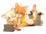 adolescent ahoge ambiguous_gender anthro clothed clothing cuddling daww duo ear_piercing ear_ring food fully_clothed fur green_eyes hair heart_symbol hoodie kemono lying multicolored_clothing on_front one_eye_closed open_mouth orange_body orange_clothing orange_fur orange_hair pawpads piercing ring_piercing simple_background tablet topwear two_tone_clothing white_background white_body white_fur white_hair yellow_eyes young young_anthro misakatsuneko pocky misakatsuneko_(character) domestic_cat felid feline felis mammal 2020 4:3 hi_res