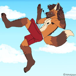 abs anthro arm_hair arm_tuft armpit_hair body_hair bottomwear bracelet brown_body brown_fur clothed clothing cloud ear_piercing elbow_tuft facial_hair fangs fur happy_trail jewelry leg_hair male mustache necklace nipples orange_body orange_fur outside pants pecs piercing pubes shorts smile solo spiked_bracelet spikes tan_body tan_fur teeth topless tuft underwear yellow_sclera zordykeaboo elliot_(bactover) canid canine mammal maned_wolf