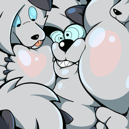 anthro black_nose blue_eyes blush clone close-up facial_tuft fat_face fur grey_body grey_fur group inflation kissing_cheek male pack puffed_cheeks spiral spiral_eyes tuft hoodah nintendo pokemon generation_7_pokemon lycanroc pokemon_(species) 1:1 colored digital_media_(artwork) pixel_(artwork)