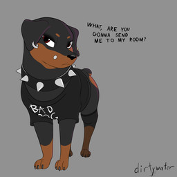 alternative_fashion black_text claws clothed clothed_feral clothing collar dialogue ear_piercing feral floppy_ears grey_background iris looking_at_viewer multicolored_body piercing punk pupils quadruped simple_background solo spiked_collar spikes talking_feral text toony two_tone_body dirtywater ruby_(dirtywater) canid canine canis domestic_dog mammal mastiff molosser rottweiler 1:1 artist_name english_text hi_res