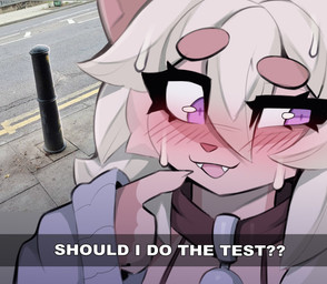 5_fingers anthro black_collar blush blush_lines bodily_fluids bollard cheek_tuft circle_eyebrows claws clothed clothed_anthro clothed_female clothing collar cute_fangs eyebrows eyelashes facial_tuft fangs female finger_claws fingers fur hair looking_away open_mouth open_smile outside photo_background purple_eyes real sidewalk smile solo street sweat sweater teeth text topwear tuft white_text mayrin_(artist) mayrin_(character) felid feline lynx mammal 2026 english_text hi_res meme mixed_media photography_(artwork)