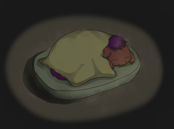 ambiguous_feral ambiguous_gender bedding blanket dim_lighting eyes_closed feral fur hair lying neonate on_front purple_hair purple_tail red_body red_fur sleeping solo tail yellow_blanket young young_ambiguous young_feral carpdime fluffy_pony fluffy_pony_(species) mammal digital_media_(artwork) shaded story story_in_description