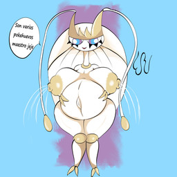 antennae_(anatomy) anthro areola belly big_belly big_breasts bodily_fluids breast_milking breastmilk breasts female huge_breasts lactating mature_female milk milking_breasts nipples not_furry nude pregnant pregnant_anthro pregnant_female purple_eyes simple_background smile solo thick_thighs white_body wide_hips yellow_areola yellow_nipples eddiebrije nintendo pokemon arthropod generation_7_pokemon pheromosa pokemon_(species) ultra_beast 1:1 absurd_res hi_res
