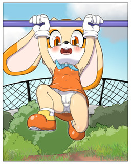anthro blush border clothing dress female gloves handwear looking_at_viewer multicolored_ears orange_body orange_eyes outside pull_up_bar smile solo underwear white_border white_clothing white_underwear young young_anthro young_female mintybeans sega sonic_the_hedgehog_(series) cream_the_rabbit lagomorph leporid mammal rabbit 4:5 hi_res