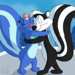 anthro black_body blue_body buckteeth duo eyes_closed female hair head_flower hug male teeth white_hair alwinmeistro happy_tree_friends looney_tunes warner_brothers pepe_le_pew petunia_(htf) mammal mephitid skunk 1:1 2024 cel_shading crossover digital_drawing_(artwork) digital_media_(artwork) hi_res shaded