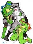 2_toes 5_toes anthro ball_fondling balls barefoot bodily_fluids cum cum_in_mouth cum_inside cum_on_face cumshot ejaculation erection feet fellatio fondling fur genital_fluids genitals green_balls green_body green_scales grey_body grey_fur group group_sex handjob humanoid_genitalia humanoid_penis interspecies licking male male/male male_penetrated male_penetrating male_penetrating_male masturbation nude open_mouth oral oral_penetration orgasm penetration penile penile_masturbation penis scales sex simple_background tail threesome toes tongue tongue_out trio white_background daigaijin teenage_mutant_ninja_turtles leonardo_(tmnt) michelangelo_(tmnt) zapher mammal procyonid raccoon reptile scalie turtle