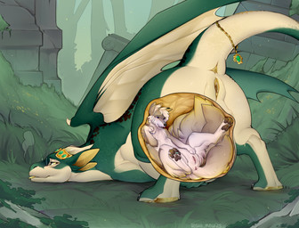 abdominal_bulge anus ass_up belly big_belly blush bodily_fluids butt detailed_background duo eyewear female female_pred female_prey feral fur genitals glasses hair humanoid_genitalia humanoid_genitalia_on_feral humanoid_vulva humanoid_vulva_on_feral internal jewelry looking_pleasured nude oral_vore saliva size_difference tail tongue tongue_out vore vulva willing_prey wings yellow_internal hoshii_mew mythology vixi_argorrok canid canine dragon fox mammal mythological_creature mythological_scalie scalie digital_media_(artwork) hi_res