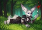 2021 4_fingers anthro artist_name blizzard_entertainment blue_eyes breasts canid clothed clothing dagger detailed_background ear_piercing female fingers flakey_the_vulpera forest fully_clothed fur grass light lighting mammal melee_weapon milkwyvern outside piercing plant shaded smile solo tree vulpera warcraft weapon white_body white_fur