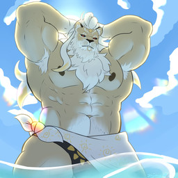 abs anthro barazoku biceps black_sclera light male muscular muscular_anthro muscular_male navel nipples partially_submerged pecs solo sun sunlight water djangotheasteri dislyte lilith_games javid_(dislyte) felid lion mammal pantherine 1:1 absurd_res hi_res