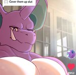 anthro big_ears big_pecs green_inner_ear horn male multicolored_body muscular muscular_anthro muscular_male pecs photo_background purple_body purple_eyes solo teeth text tusks white_body orionsmaniac_(artist) cover_them_up_slut nintendo pokemon generation_1_pokemon nidoking pokemon_(species) 2022 digital_media_(artwork) draw_over english_text hi_res meme photography_(artwork)