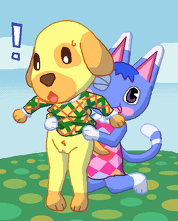 assisted_exposure blue_body blue_fur blue_hair blush blush_stickers bodily_fluids bottomless brown_eyes brown_nose chibi clitoral_hood clitoris clothed clothing clothing_lift cloud collared_shirt dipstick_ears dipstick_tail dress dress_lift duo ear_markings exclamation_point female female/female fur genitals grabbing_another grass green_clothing green_dress hair kneeling knock-kneed leg_markings looking_at_viewer looking_down markings multicolored_ears no_underwear noseless one_eye_closed open_mouth outside pink_clitoris pink_clothing pink_dress pink_inner_ear plant pubes purple_eyes questionable_consent shirt shocked short_tail sky smile socks_(marking) standing surprised sweat sweatdrop tail tail_markings tongue tongue_out topwear vulva white_markings wink yellow_body yellow_fur pixel_vibri animal_crossing nintendo goldie_(animal_crossing) rosie_(animal_crossing) canid canine canis domestic_cat domestic_dog felid feline felis mammal 2026 aliasing digital_media_(artwork) hi_res shaded