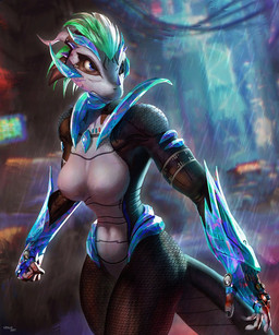anthro black_body black_scales black_tail blue_body blue_eyes blue_scales breasts female green_hair grey_body grey_scales grey_tail hair horn machine multicolored_body multicolored_hair multicolored_scales multicolored_tail raining scales solo tail text white_hair venjiiart warfaremachine_(modeler) cassie_alilkira warfare_alilkira alien android biyemorph robot scalie 2021 3d_(artwork) digital_drawing_(artwork) digital_media_(artwork) hi_res signature