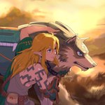 blonde_hair blue_eyes clothing duo feral fur grass hair humanoid_pointy_ears light_body light_skin long_hair male markings plant pointy_ears square_crossover stupjam nintendo tears_of_the_kingdom the_legend_of_zelda link link_(wolf_form) canid canine canis elf humanoid hylian mammal wolf 1:1 hi_res