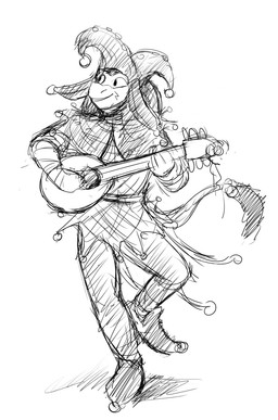 anthro clothed clothing jester lute male musical_instrument plucked_string_instrument simple_background smile solo string_instrument hladilnik donk_(hladilnik) asinus donkey equid equine mammal black_and_white hi_res monochrome sketch