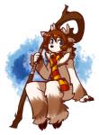 5_fingers anthro antlers bell biped blue_eyes brown_body brown_fur fingers fur hooves horn male mostly_nude scarf simple_background sitting solo three-quarter_view white_body white_fur mewgle sen_(mewgle) deer mammal new_world_deer reindeer digital_media_(artwork) shaded