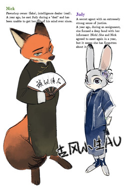 alternate_universe anthro asian_clothing brown_body brown_fur chinese_clothing clothed clothing duo east_asian_clothing female fingers fur green_eyes grey_body grey_fur looking_at_viewer male multicolored_body multicolored_fur orange_body orange_fur paper_fan purple_eyes simple_background standing tan_body tan_fur text translucent translucent_clothing white_background butterfish8199 disney zootopia judy_hopps nick_wilde canid canine european_rabbit fox lagomorph leporid mammal oryctolagus rabbit red_fox true_fox chinese_text english_text hi_res translation_check translation_request