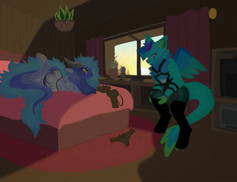 anthro arm_tuft bed bedroom big_tail black_clothing black_footwear black_legwear black_socks black_thigh_highs black_thigh_socks bottomwear bra bra_on_floor cabin carpet ceiling cheek_tuft chest_harness clothing computer crt crt_monitor curtains curtains_open desktop_computer duo elbow_tuft electronics facial_tuft feathers female female/female fishnet_clothing fishnet_legwear fishnet_thigh_highs fishnet_topwear floor fluffy fluffy_tail footwear fur furniture hanging_plant harness horn huge_tail legwear long_tail looking_at_another looking_at_partner neck_tuft panties panties_on_floor pantyhose plant putting_on_clothes putting_on_socks red_carpet skirt socks stockings sunset tail tail_feathers thigh_highs thigh_socks tights topwear translucent translucent_bottomwear translucent_clothing translucent_skirt tree tuft underwear wings wood wood_ceiling wood_floor wood_furniture kyaro mythology lenuto zertyz_(character) angel_dragon dragon furred_dragon furred_scalie mythological_creature mythological_scalie scalie hi_res