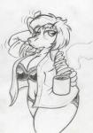 anthro beverage big_breasts breasts cleavage clothed clothing coffee container cup female food hair half-closed_eyes narrowed_eyes solo steam tired underwear king-cheetah endtown dottie_proctor capybara caviid mammal rodent black_and_white monochrome