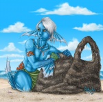 2010 beach beads big_ears blue_body clothed clothing cloud crouching detailed_background fin hair jewelry male marine naiad necklace orange_eyes outside retasha rock sand seashell seaside shell shell_necklace sky solo topless watermark white_hair
