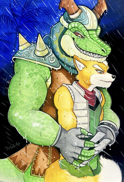 anthro armor bulge clothed clothing duo hook hook_hand male male/male muscular muscular_anthro muscular_male prosthetic raining red_eyes sharp_teeth size_difference smile spiked_armor spikes teeth ulala_ko nintendo star_fox fox_mccloud general_scales canid canine fox mammal scalie sharpclaw_(star_fox) hi_res