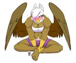 abs anthro beak blush bottomwear breasts cleavage clothed clothing feathered_wings feathers female muscular muscular_female shorts simple_background sitting solo white_background wings yellow_eyes redxbacon friendship_is_magic hasbro my_little_pony mythology gilda_(mlp) avian gryphon mythological_avian mythological_creature