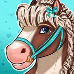 accessory anthro blonde_hair blue_eyes bow_ribbon braided_mane bridal_gear hair hair_accessory hair_bow hair_ribbon male ribbons solo sparkles hunnymutt equid equine horse mammal headshot_portrait hi_res icon portrait