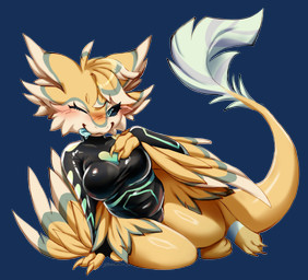 3_fingers 4_ears anthro arm_support armwear bedroom_eyes belly belt big_tail black_clothing black_latex black_sclera blep blue_eyes blue_tongue blush blush_lines bodysuit breasts bulge claws cleavage clothed clothed_anthro clothing eyelashes facial_tuft feather_hair feathers feet female female_anthro female_focus finger_claws fingers fluffy front_view glistening glistening_body glistening_clothing heart_symbol kemono kneeling latex latex_clothing latex_skinsuit looking_at_viewer lying medium_breasts multi_ear multicolored_body narrowed_eyes navel one-piece_swimsuit one_eye_closed open_mouth paws pose presenting pseudo_hair seductive simple_background sitting sitting_on_ground skinsuit smile solo swimwear tail tail_feathers tight_clothing toes tongue tongue_out topwear translucent tuft white_background wide_hips wings wink winking_at_viewer yellow_body yellow_feathers zuomerika kiki_(strawberrynightmilk) avali avian hi_res