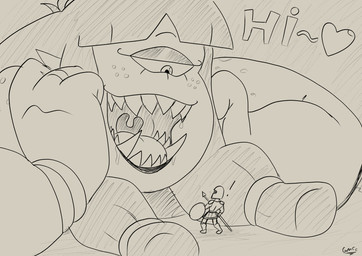1_eye 4_fingers accessory armor biped bodily_fluids bottomwear bracelet clothed clothing dripping drooling duo exclamation_point eyebrows eyelashes fangs female fingers flirting footwear freckled_face freckled_shoulders freckles greek greek_clothing hair hair_accessory head_in_hands headgear heart_symbol helmet jewelry larger_female larger_monster leaning looking_at_another looking_down looking_up macro male mawplay melee_weapon mouth_shot not_furry open_mouth pointy_ears polearm ring saliva saliva_drip sharp_teeth shield simple_background size_difference smaller_human smaller_male smile spear standing teeth text throat tongue topwear tusks uvula weapon tellybot european_mythology greek_mythology mythology ambiguous_character stella_(tellybot) cyclops human humanoid mammal monster monstrous_humanoid 2026 digital_media_(artwork) english_text hi_res
