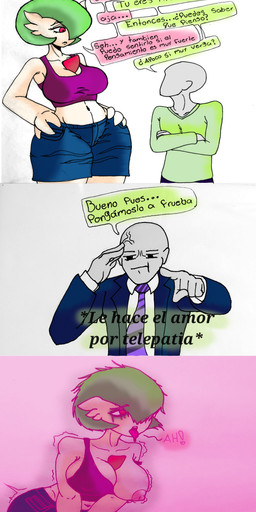 ahegao anthro big_breasts breasts duo female looking_pleasured male male/female orgasm_face red_eyes solo telepathy text thick_thighs elangelote nintendo pokemon anon gardevoir generation_3_pokemon human mammal pokemon_(species) absurd_res flat_colors hi_res meme spanish_text