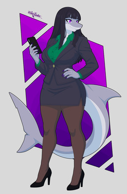 anthro big_breasts black_clothing black_hair black_suit breasts clothing colored_nails female footwear grey_body hair high_heels nails non-mammal_breasts purple_background purple_eyes purple_nails shark_tail shoes simple_background smile solo suit artkantos garavakarian daniela_sanchez fan_character aquatic fish shark absurd_res hi_res trans_(lore) trans_woman_(lore)