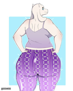 2_horns anthro big_breasts big_butt biped blue_background blue_eyes bottomwear breasts butt butt_focus clothing female flare_pants fur hand_on_hip horn huge_butt looking_at_viewer looking_back looking_back_at_viewer mature_anthro mature_female overweight overweight_anthro overweight_female pants panty_lines rear_view shirt simple_background smile solo standing tank_top text thick_thighs tight_bottomwear tight_clothing tight_pants topwear white_body white_fur dogw00d undertale undertale_(series) toriel bovid caprine goat mammal artist_name hi_res portrait three-quarter_portrait
