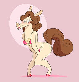 anthro bikini blush brown_hair clothed clothing covering covering_crotch crossdressing_male embarrassed fake_breasts femboy hair knock-kneed lipstick looking_at_viewer makeup male male_anthro simple_background solo swimwear tail two-piece_swimsuit rusheloc jacob_(rusheloc) equid equine horse mammal 2026 hi_res