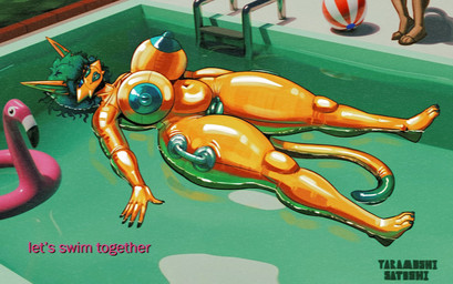 3d_background after_transformation anthro belly big_breasts big_butt breasts butt eyewear female green_hair hair handles_on_hips inflatable latex latex_body latex_transformation mature_female pool_toy solo sunglasses swimming_pool text transformation wide_hips yellow_body yaramoshi_satoshi urania_arayeva_(yaramoshi_satoshi) animate_inanimate avian bird felid feline flamingo living_inflatable mammal 3d_(artwork) absurd_res digital_media_(artwork) hi_res mixed_media