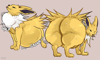 ambiguous_feral ambiguous_gender belly big_belly big_butt blep bottom_heavy butt ears_back feral fur huge_belly huge_butt looking_at_viewer mouth_closed pivoted_ears purple_eyes rear_view red_tongue side_view solo thick_thighs tongue tongue_out white_body white_fur wide_hips yellow_body yellow_fur roobin nintendo pokemon eeveelution generation_1_pokemon jolteon pokemon_(species) hi_res